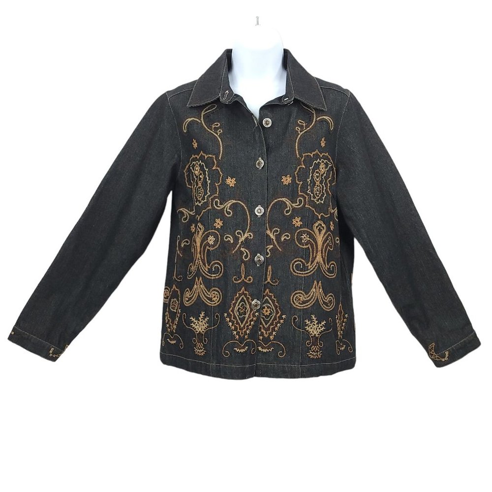 Laura Ashley Embroidered Beaded Denim Jean Jacket Womens Sz S Long Sleeve Black